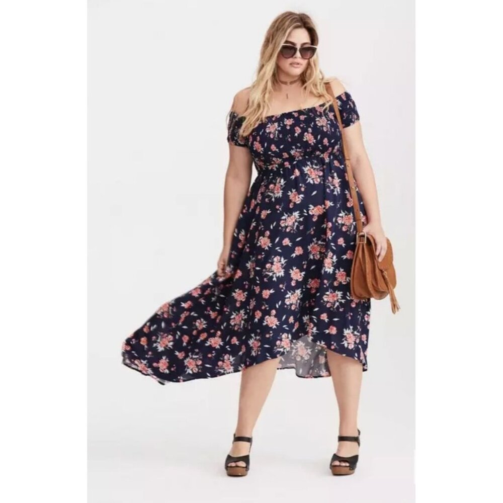 Torrid Mini Challis Cold Shoulder Dress 2 2X 18 20 Blue Windy Floral